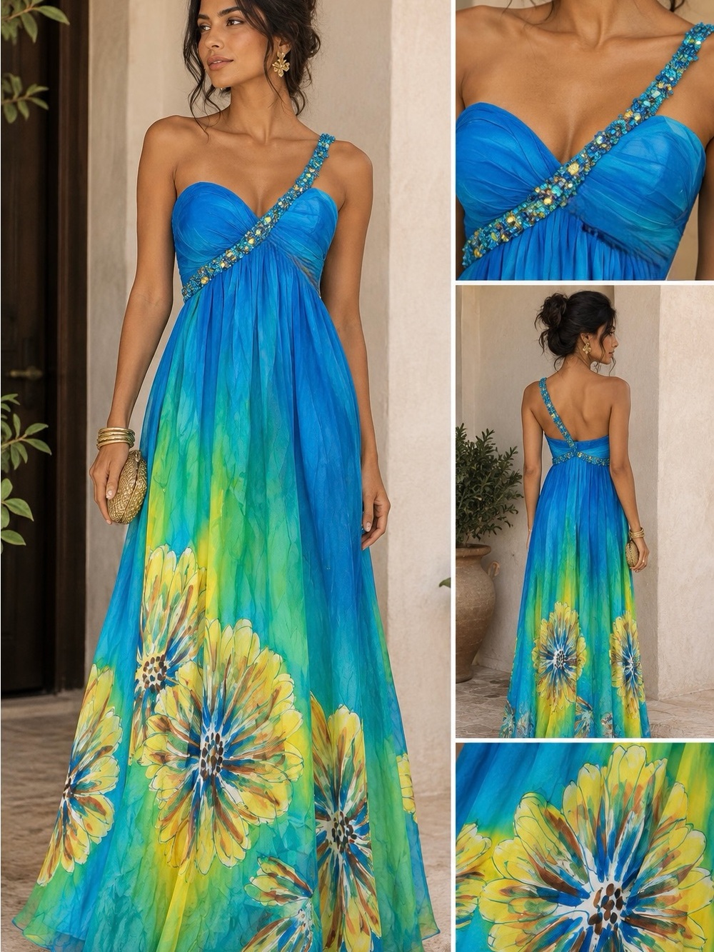 Vintage jovani 100% silk Blue & Yellow Floral One-Shoulder beaded Maxi Dress
